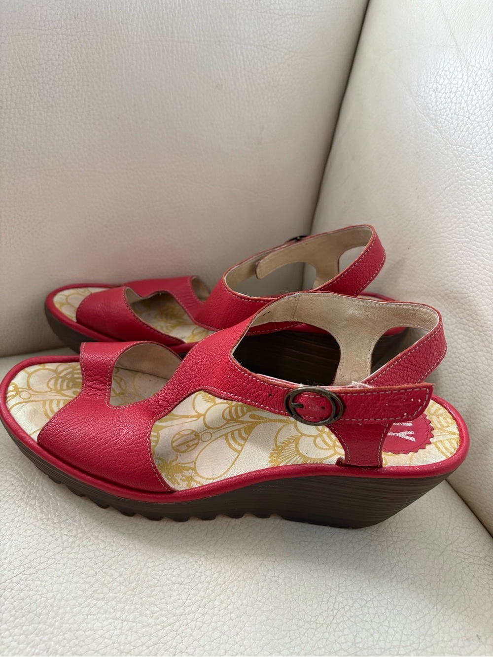Fly London Red Leather Wedge Sandals - Picture 2 of 6